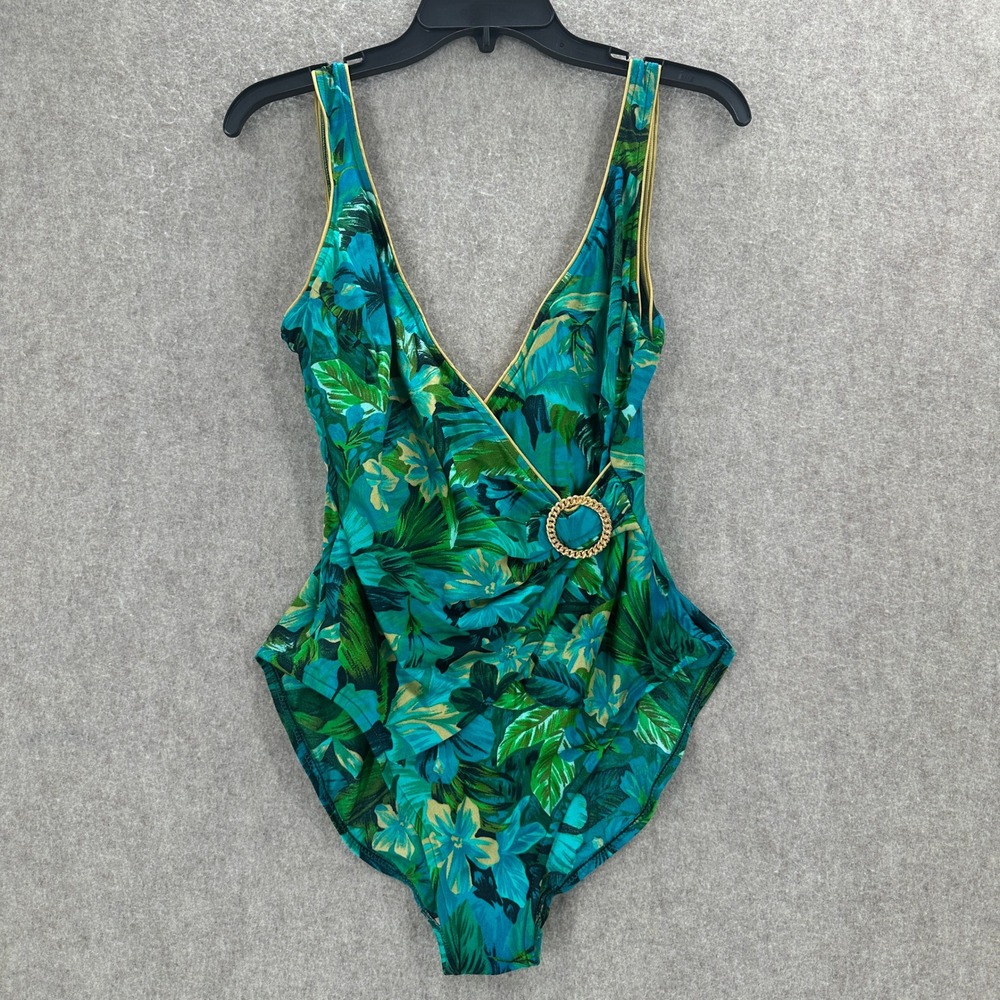 VTG Sirena Tropical Floral One Piece Swimsuit Green Gold Chain Size 14
